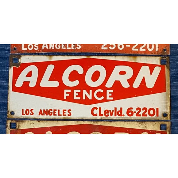 Vtg Alcorn Porcelain Metal Fence Sign Los Angeles California Old Phone Number - Picture 1 of 2